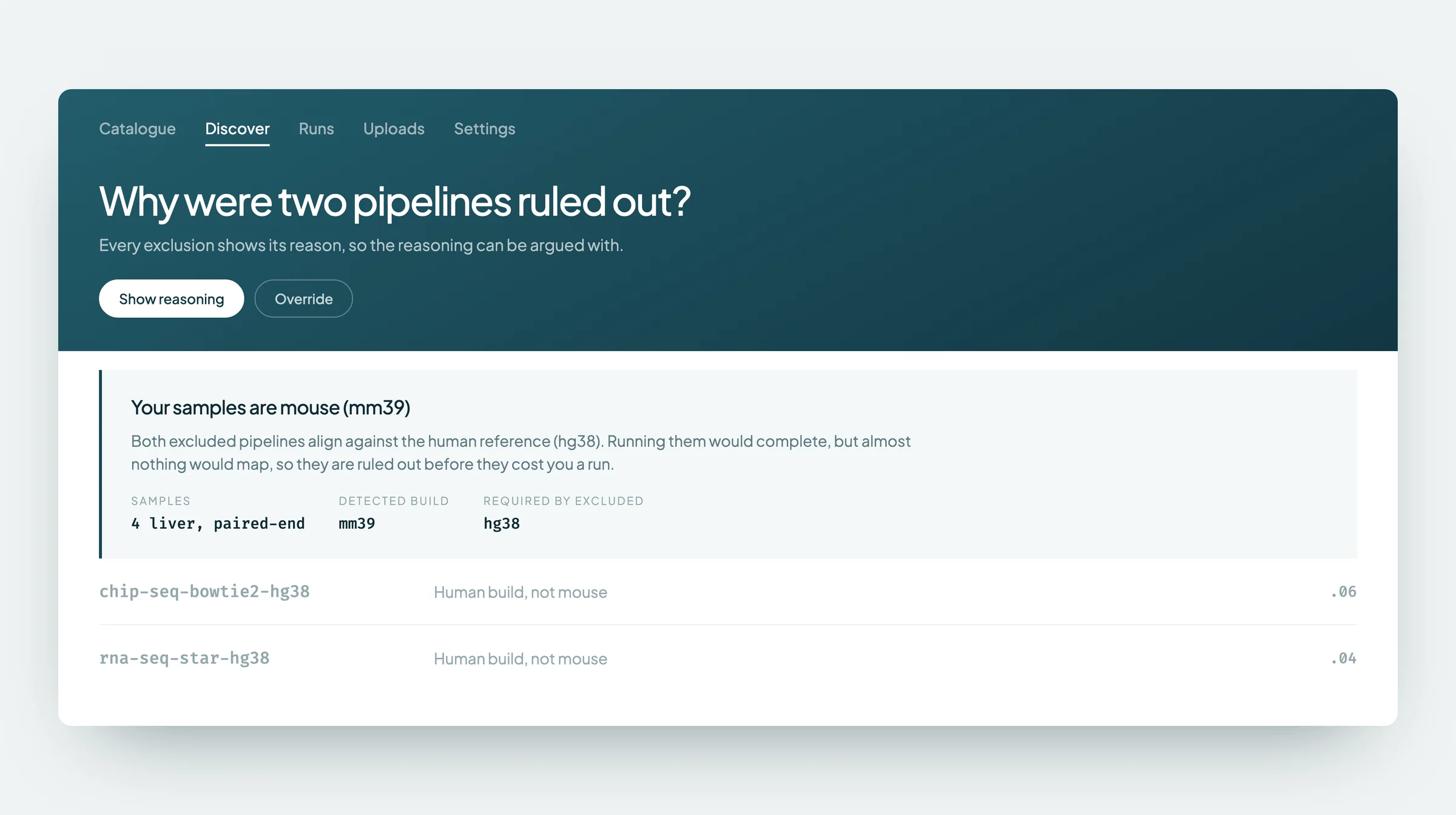 The ranked pipeline list with the two excluded pipelines and the reason they were ruled out