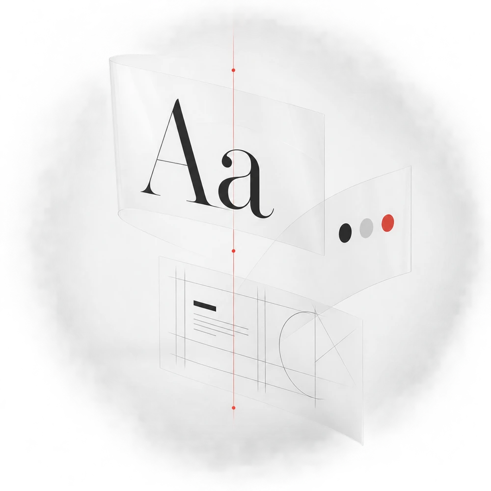 Coordinated printed cards, posters and brand guidelines under a red lens