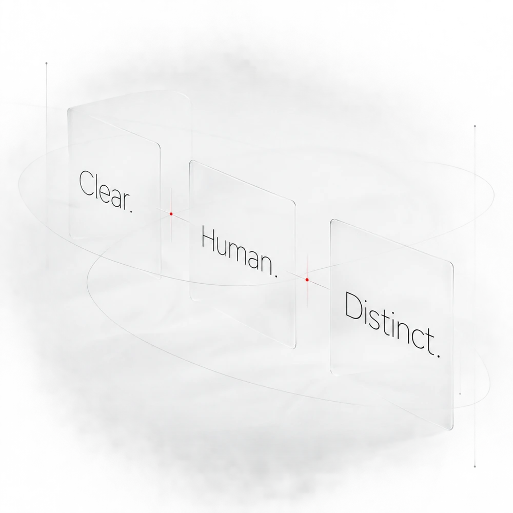 Editorial proof sheets spelling out Clear, Human and Distinct