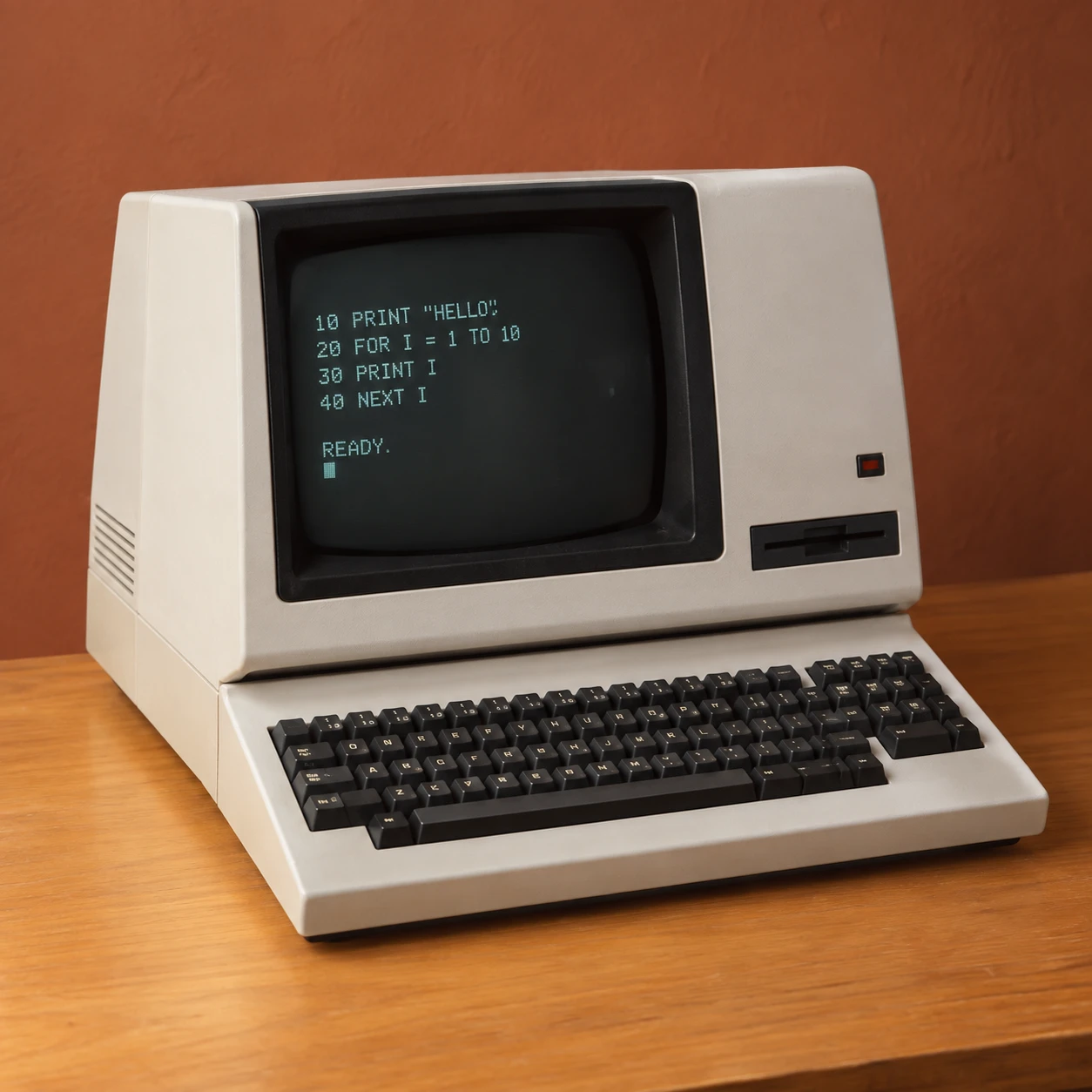 An early personal computer on a wooden desk