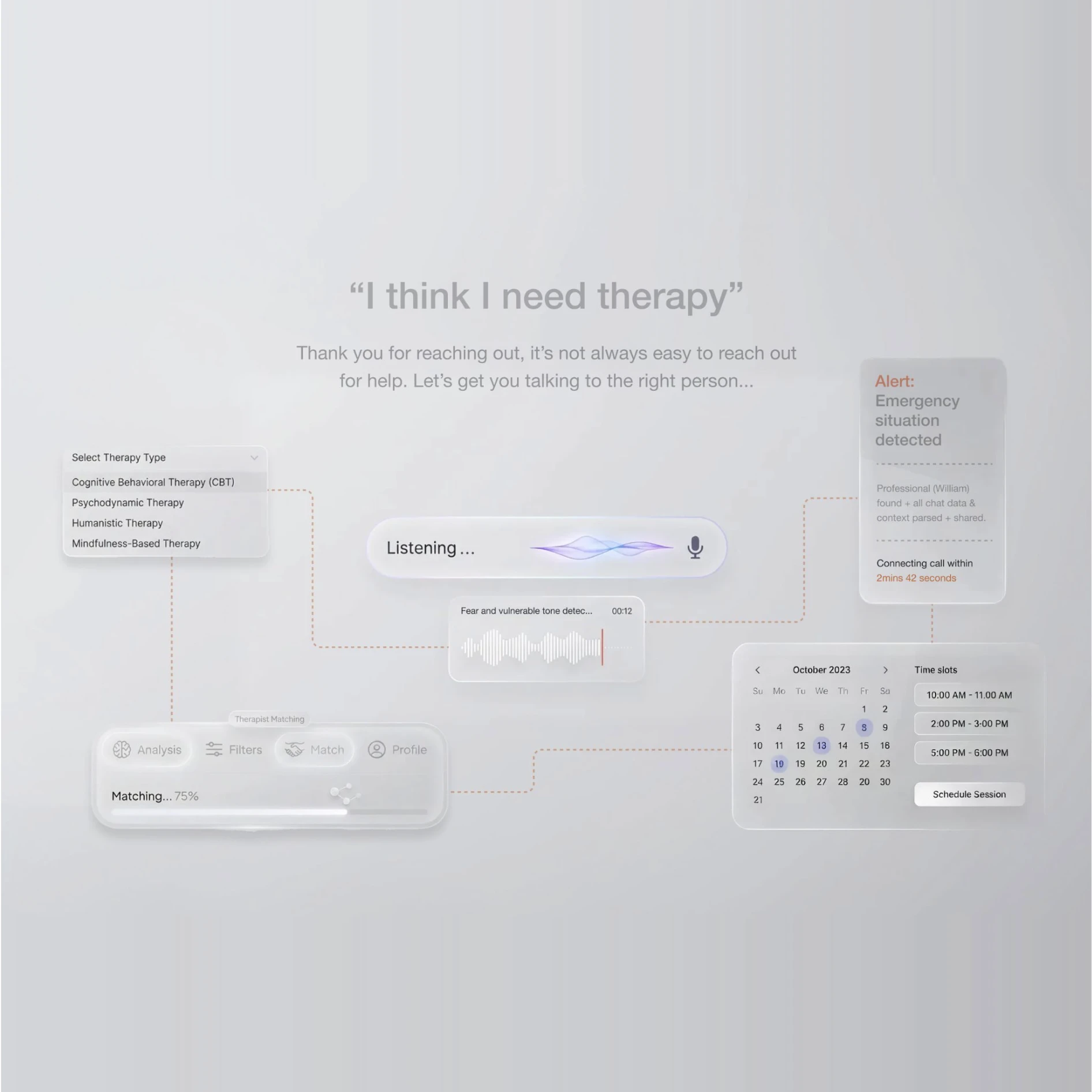 Talkspace voice therapy intake, therapist matching and scheduling concept