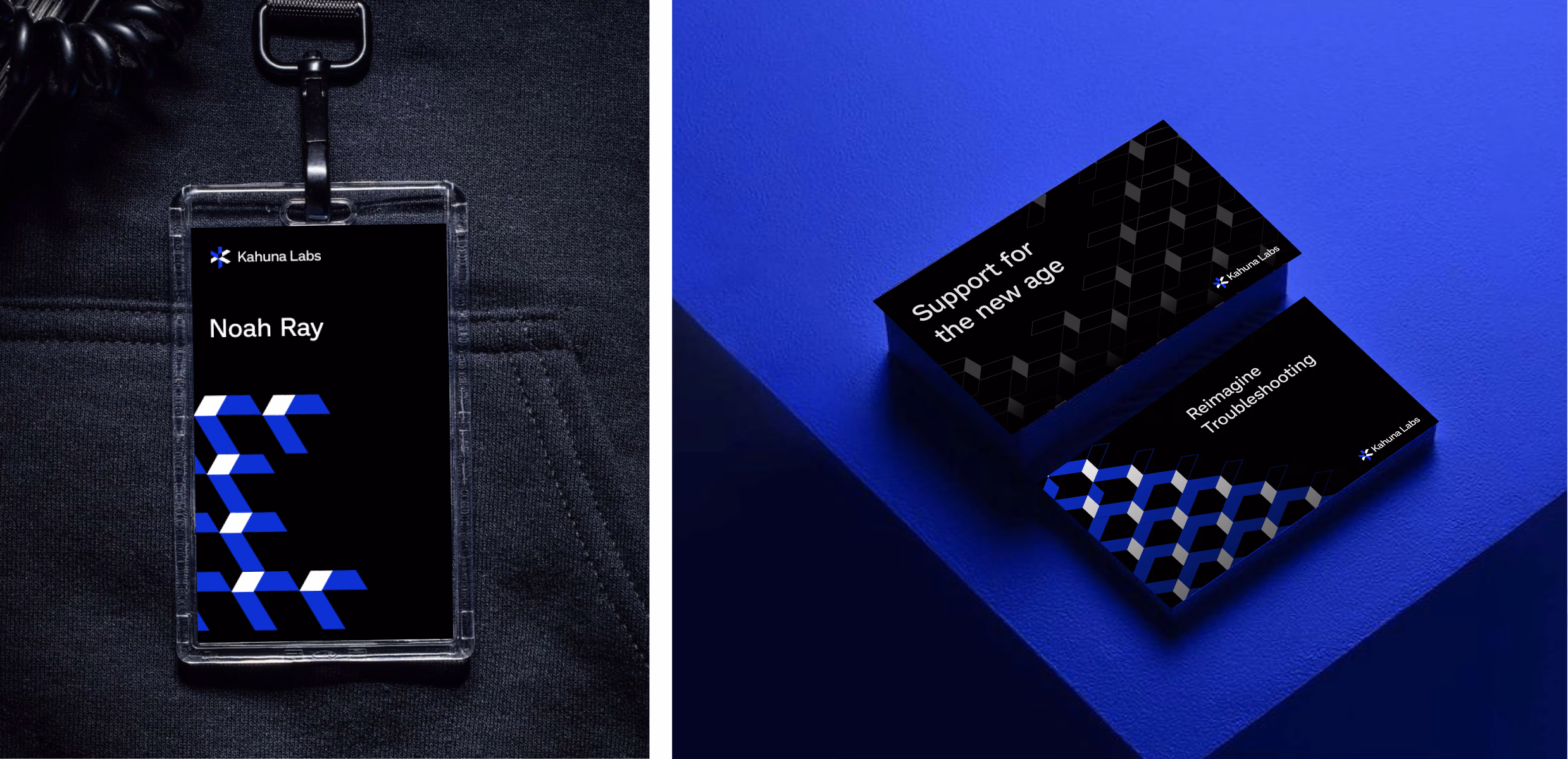 Kahuna identity applied to an employee badge and business cards