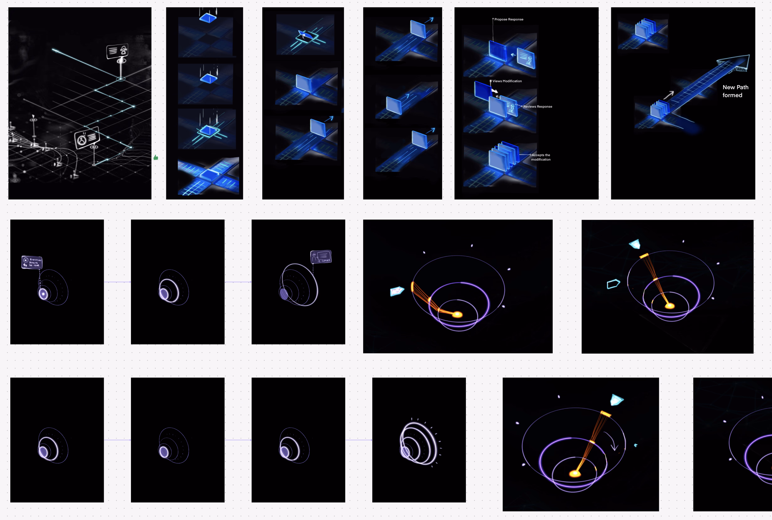 Motion explorations showing journeys, orbital paths and machine intelligence