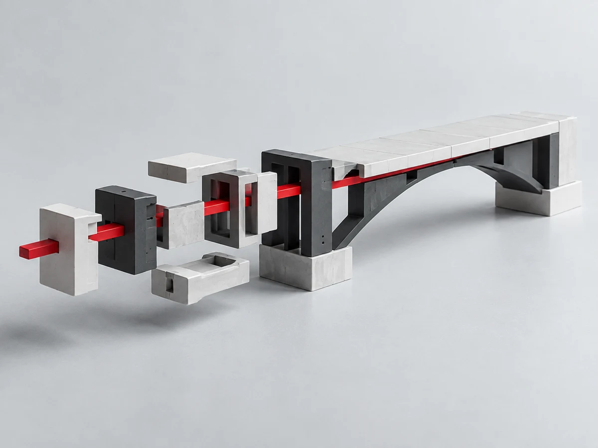 An experimental modular bridge taking shape, with a red connecting piece joining exploratory parts to a working structure