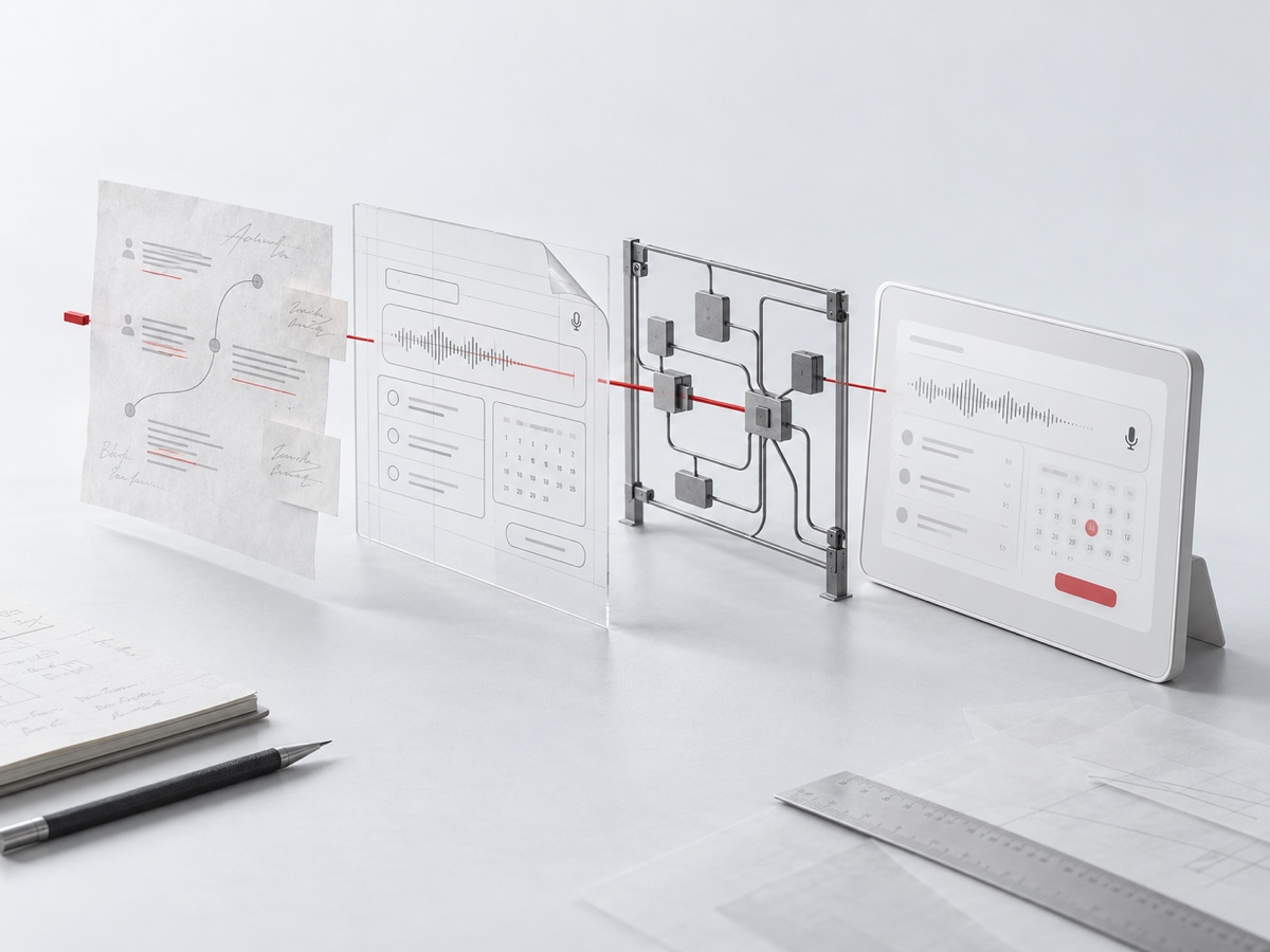 A sketch, a wireframe, a system diagram and a finished interface standing in a row, threaded by a single red line