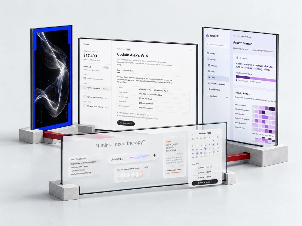 Product screens from several projects standing as lit panels on a studio table, joined by a red rail